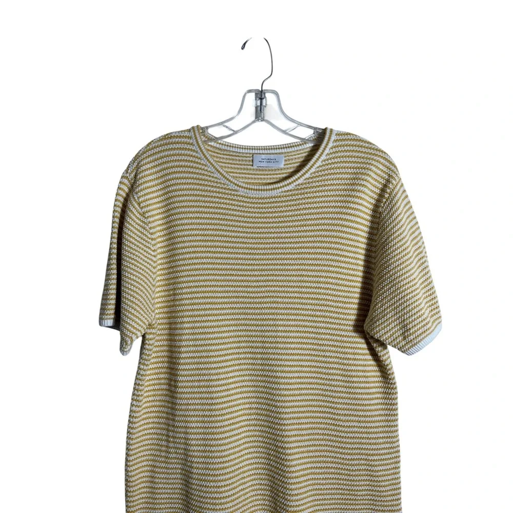 SATURDAYS NYC Short Sleeve Mustard Yellow Striped Cotton Knit Sweater Tee